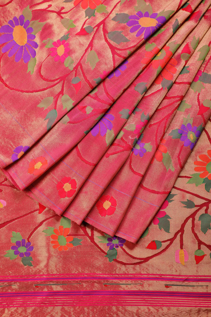 Rani Pink Pure Silk Handloom Tissue Paithani with All Over Design