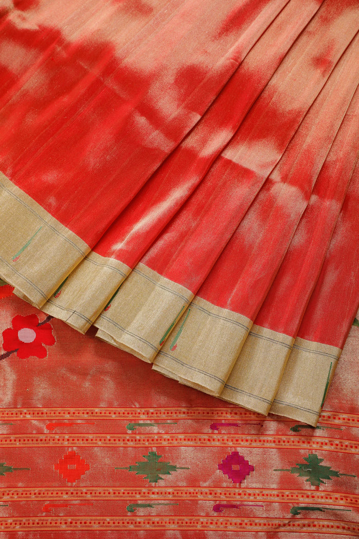 Red Pure Silk Handloom Tissue Paithani Saree with Lotus Flower Pallu