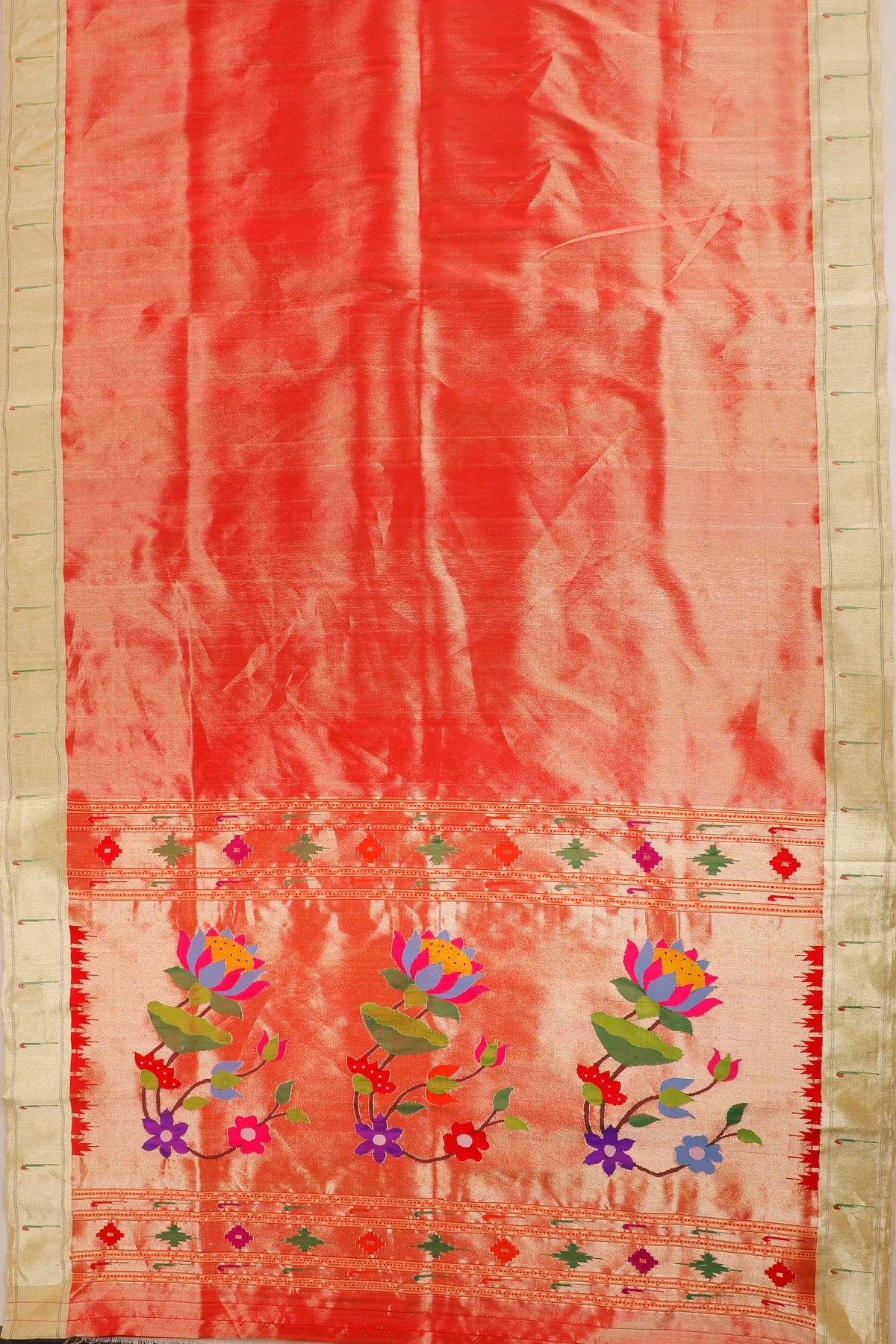 Red Pure Silk Handloom Tissue Paithani Saree with Lotus Flower Pallu