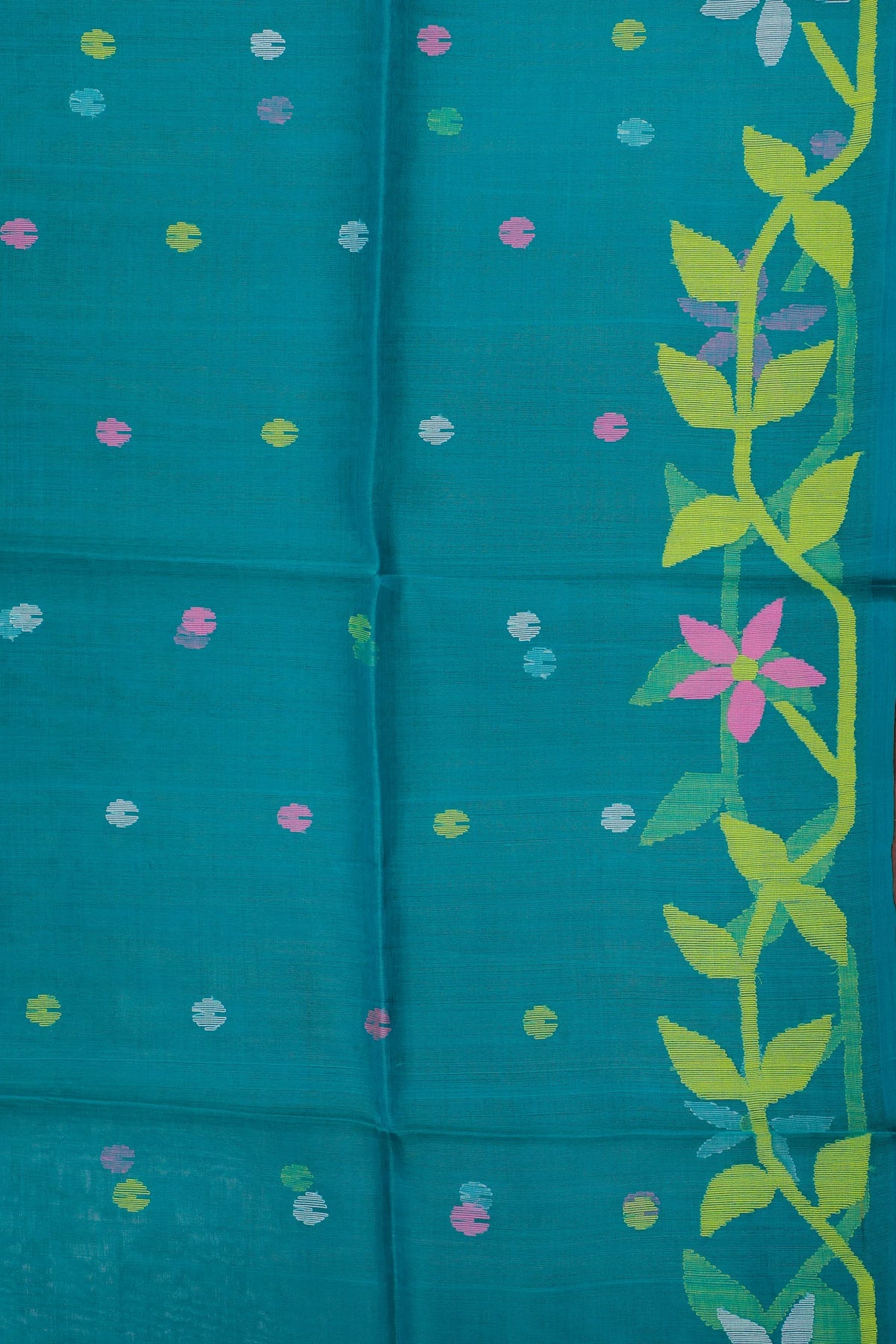 Peacock Green Handloom Muslin Jamdani Saree
