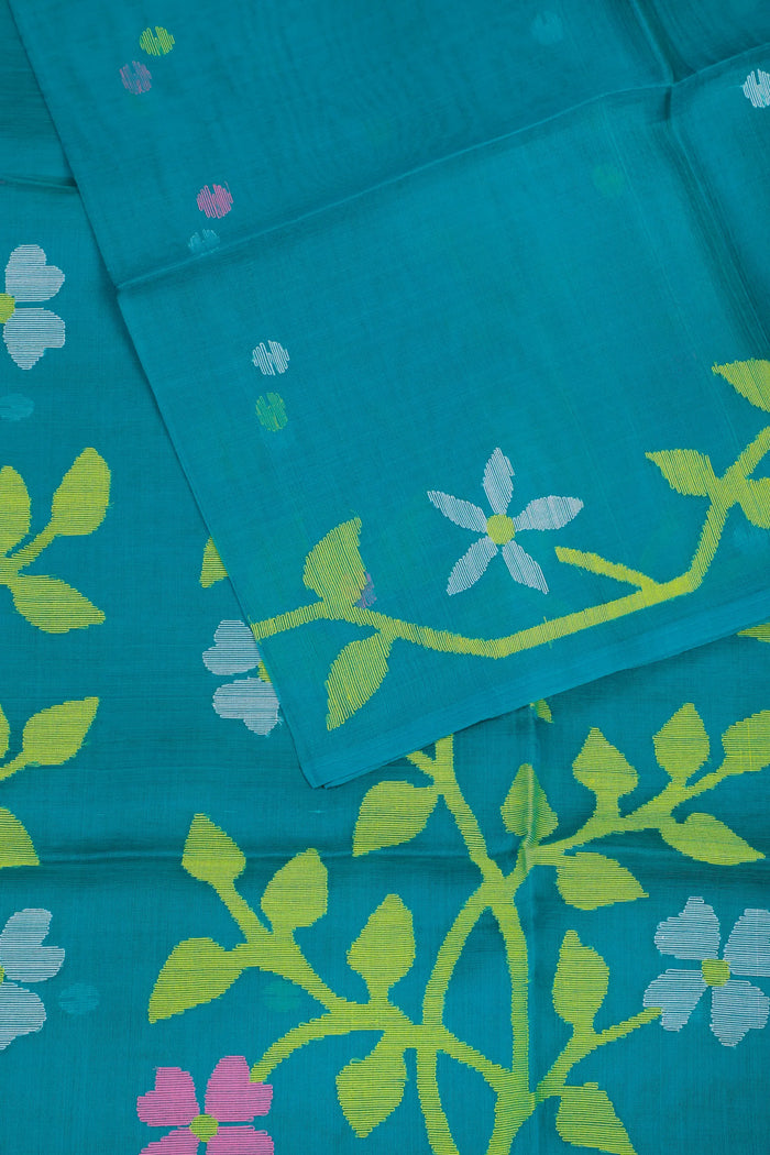 Peacock Green Handloom Muslin Jamdani Saree - detail 2