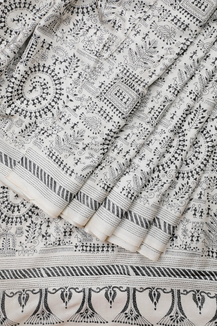 Beige Handloom Pure Silk Katha Work Saree with Black Hand Embroidery