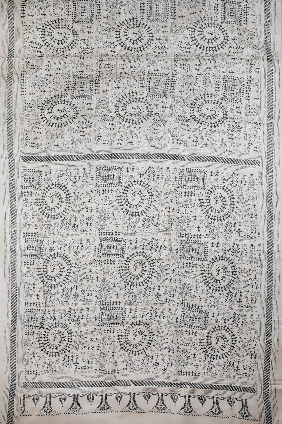 Beige Handloom Pure Silk Katha Work Saree with Black Hand Embroidery