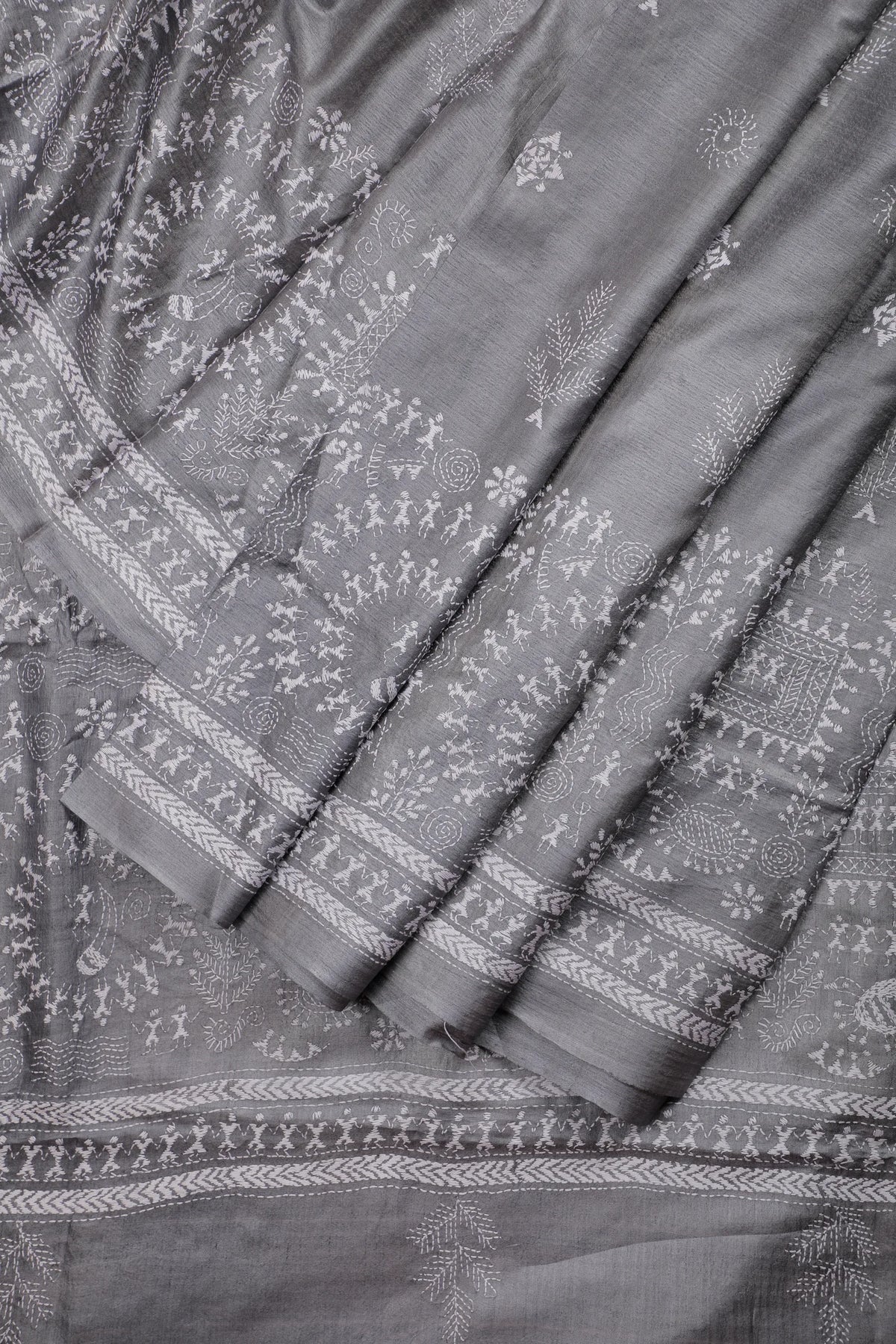 Grey Handloom Tussar Pure Silk Saree with Katha Work
