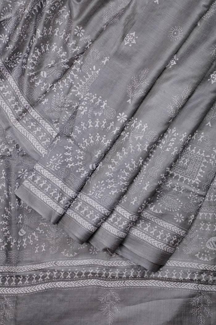 Grey Handloom Tussar Pure Silk Saree with Katha Work