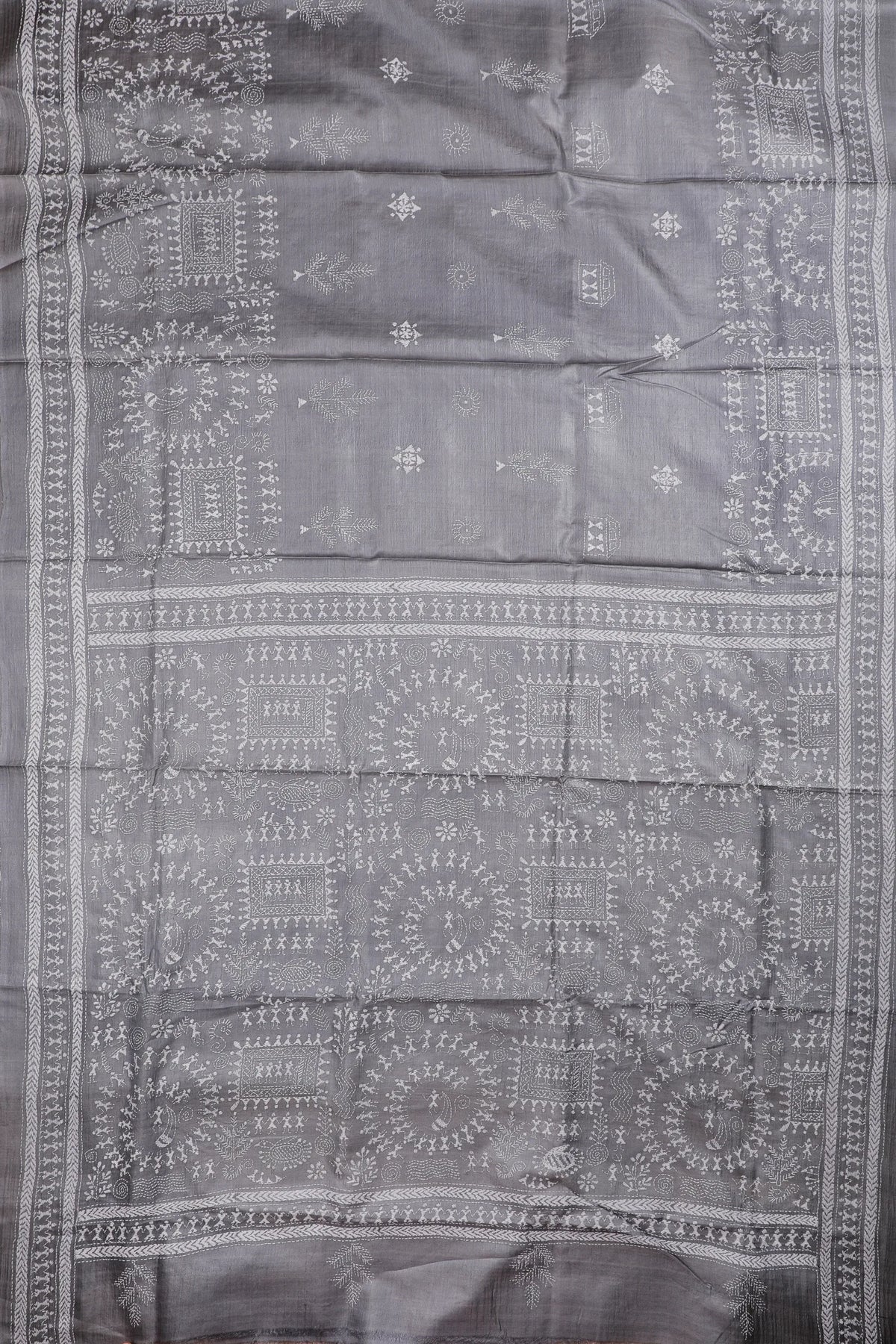 Grey Handloom Tussar Pure Silk Saree with Katha Work
