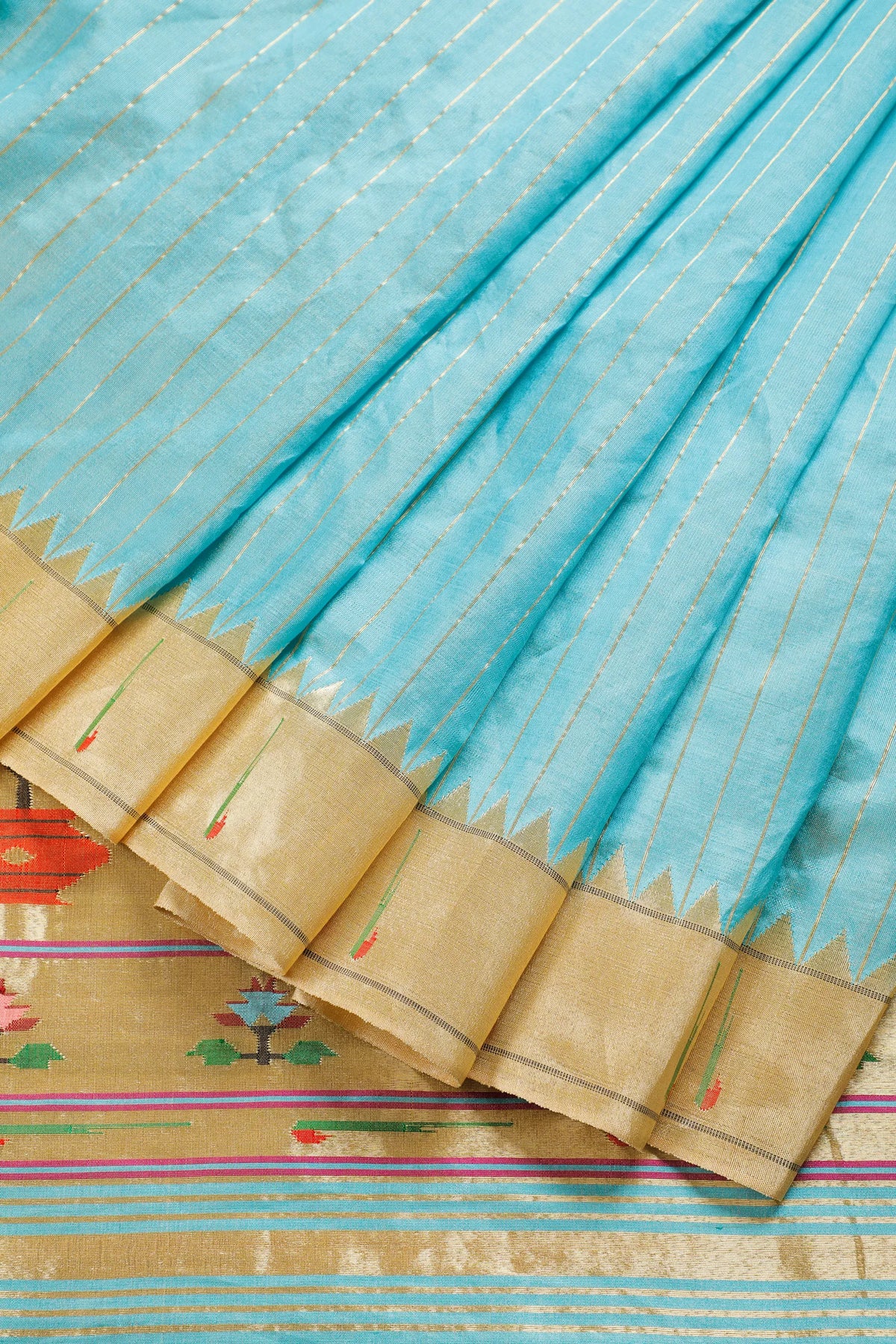 Sky Blue Pure Silk Handloom Paithani Tissue Saree with Asawali Pallu - Revival Design