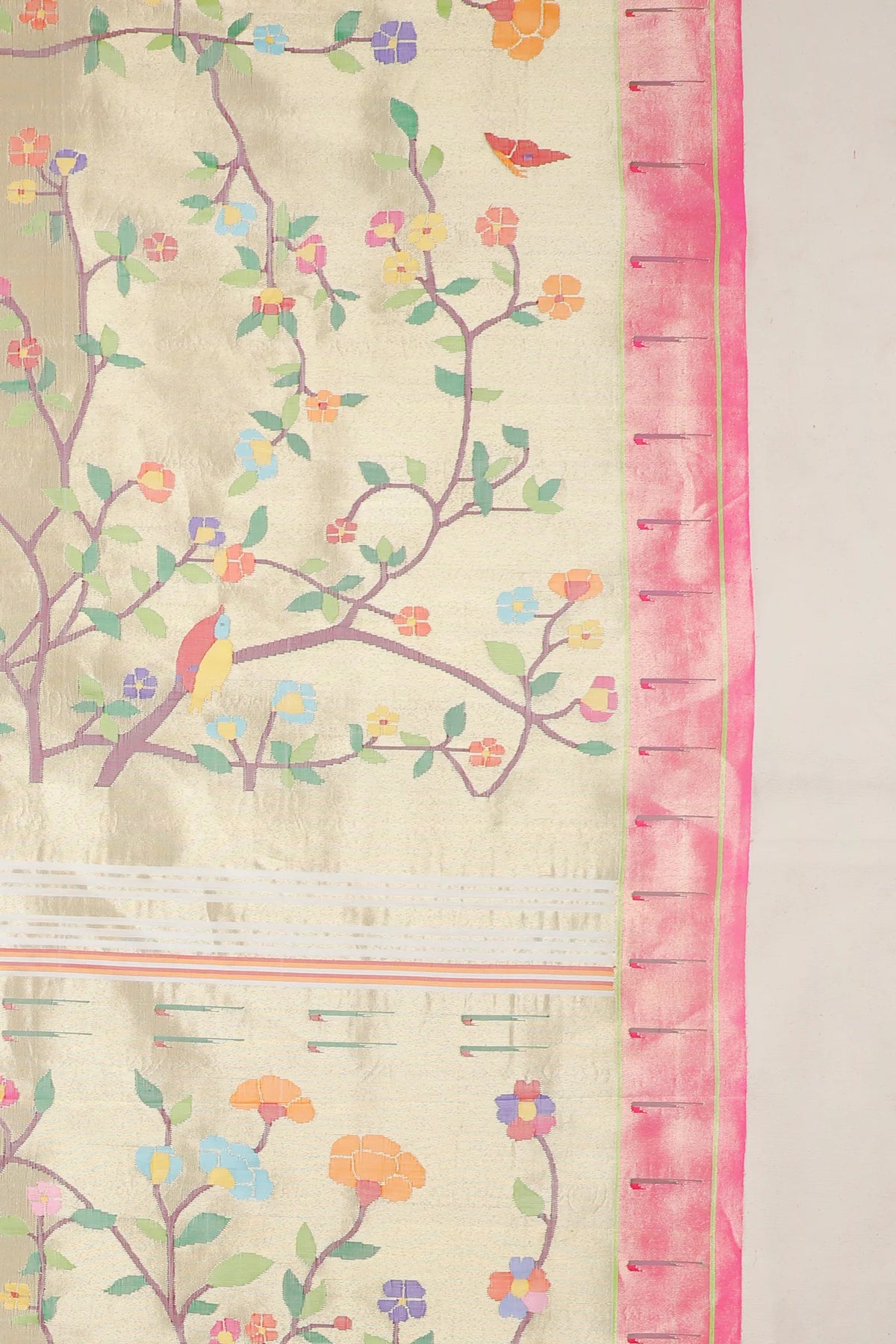 Off-White Pure Silk Handloom Tissue Paithani with All Over Design