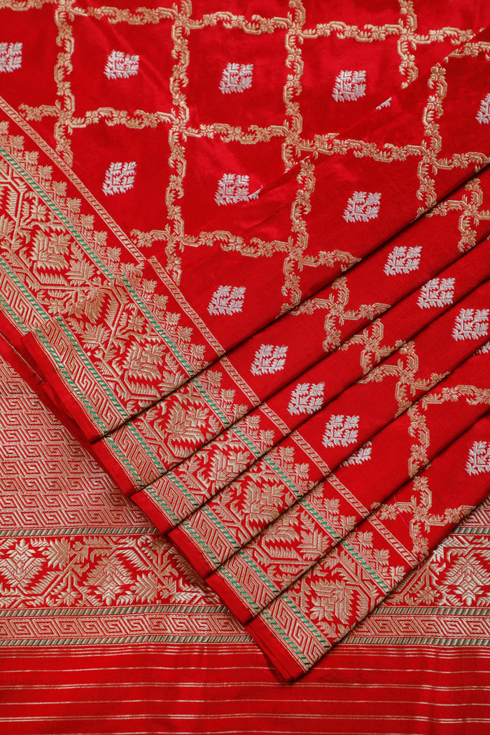 Red Real Zari Pure Silk Benarasi Saree - Revival Design from Awadh