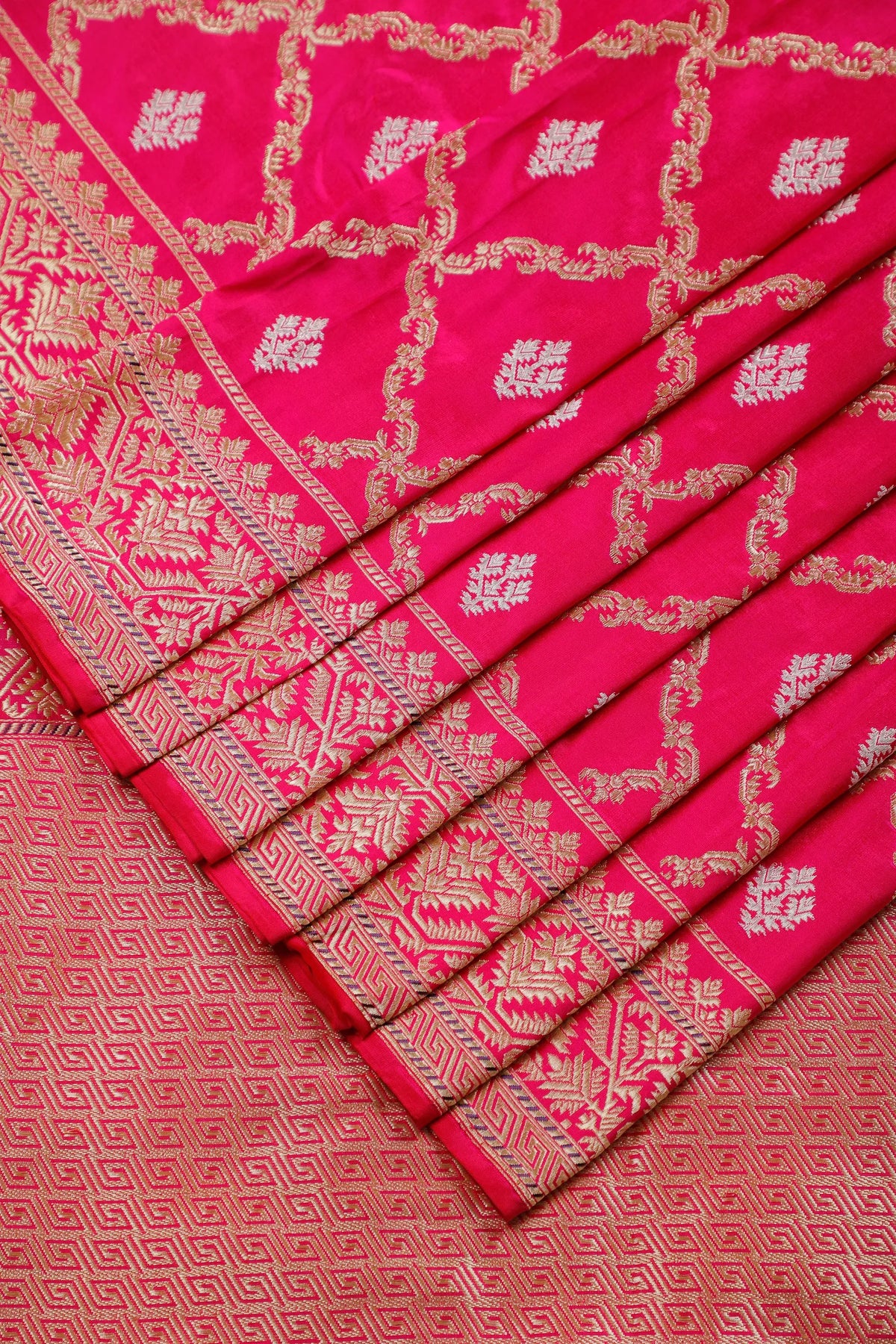 Hot Pink Real Zari Pure Silk Benarasi Saree - Revival Design from Awadh