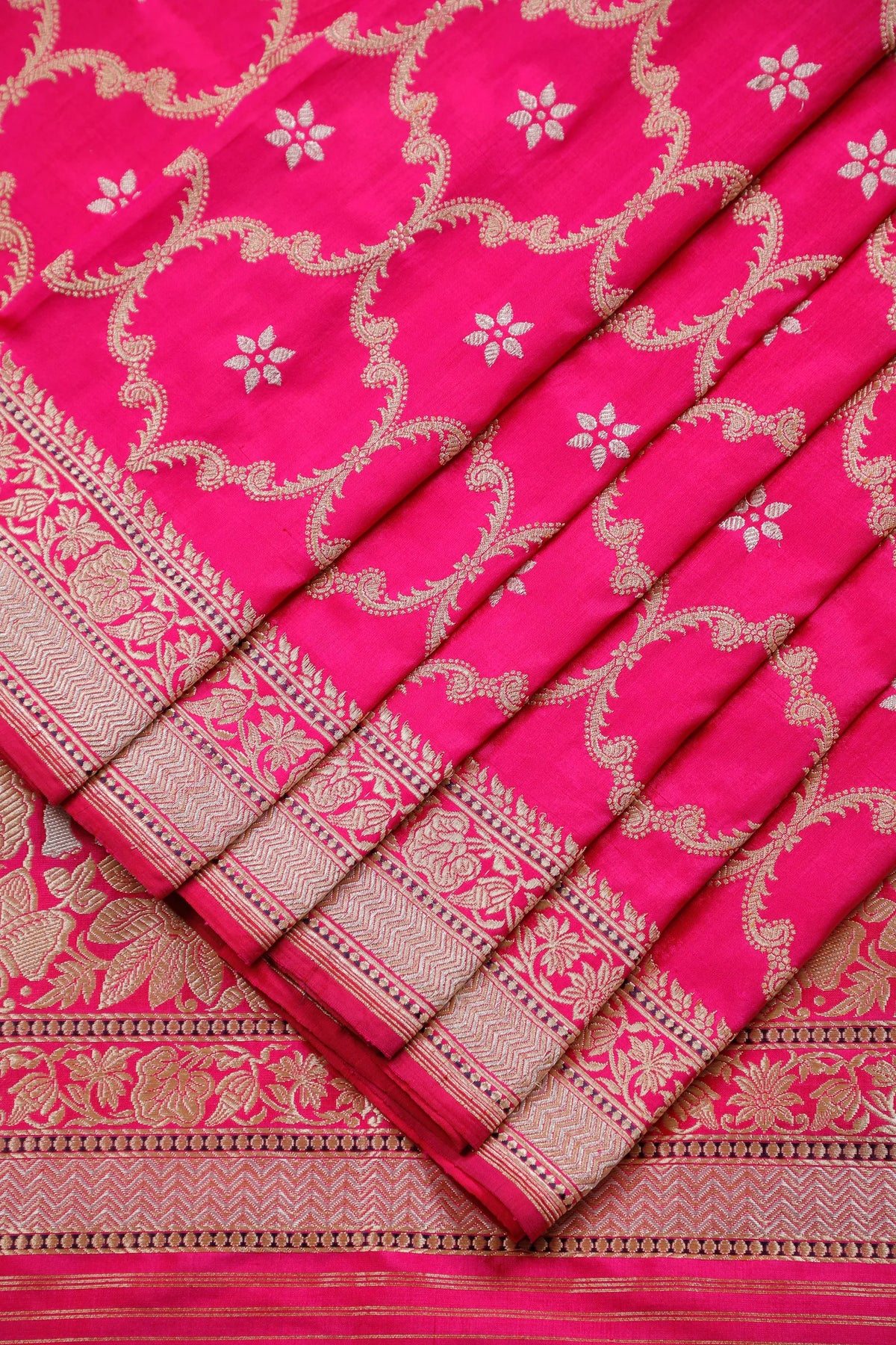 Hot Pink Real Zari Pure Silk Benarasi Saree - Revival Design
