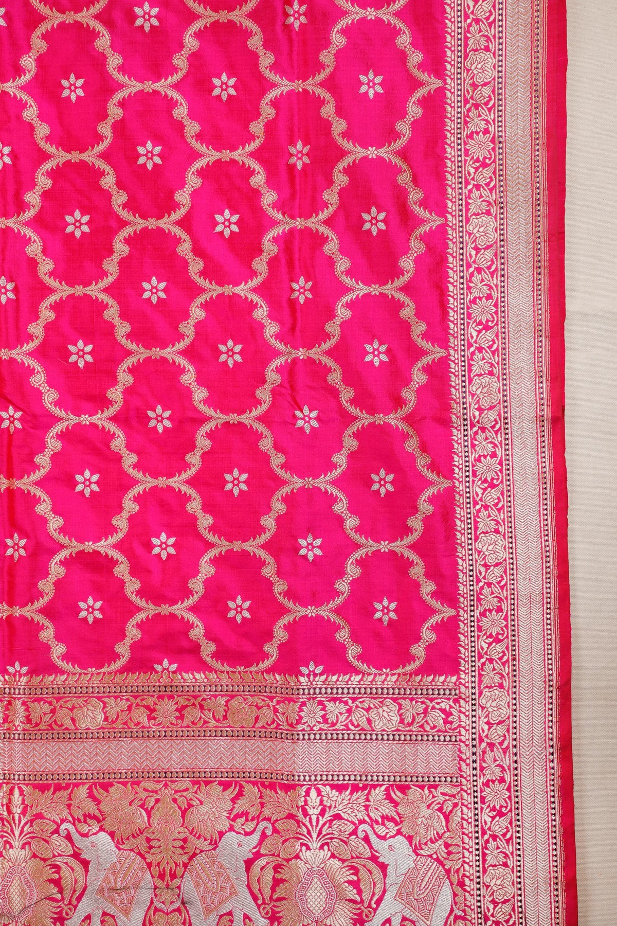 Hot Pink Real Zari Pure Silk Benarasi Saree - Revival Design
