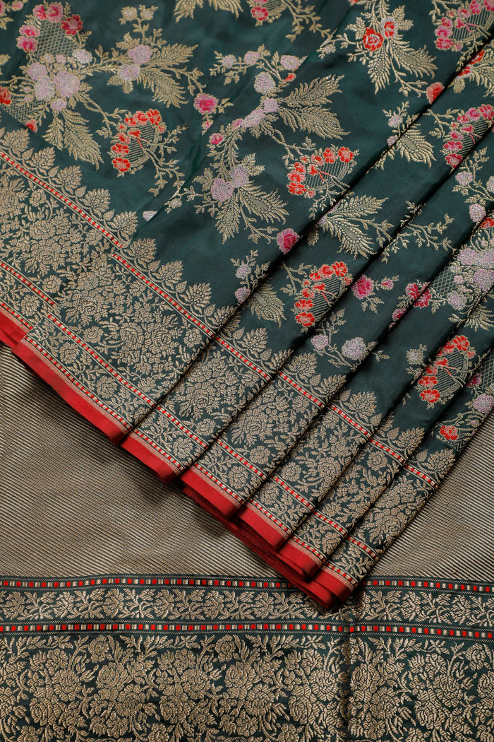 Deep Green Real Zari Pure Silk Benarasi Saree - Revival Design with Meenakari Work