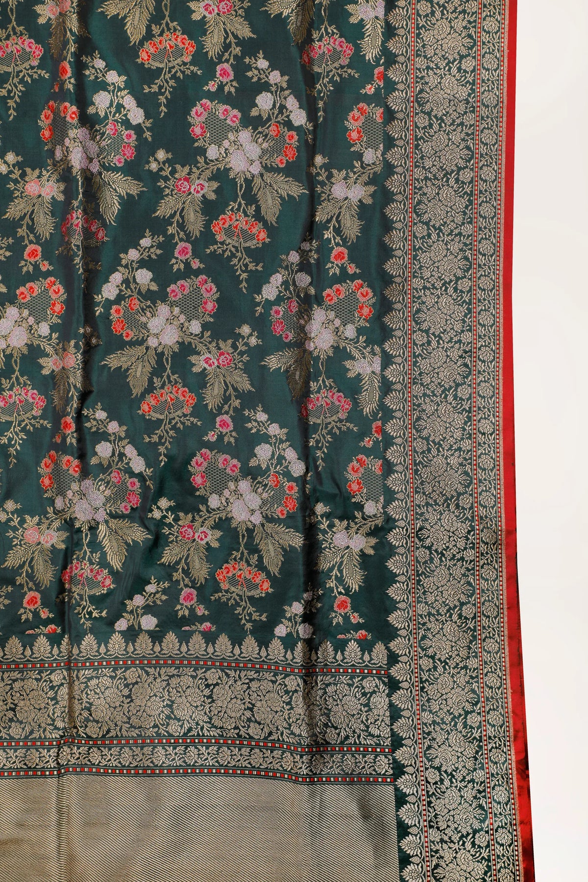 Deep Green Real Zari Pure Silk Benarasi Saree - Revival Design with Meenakari Work