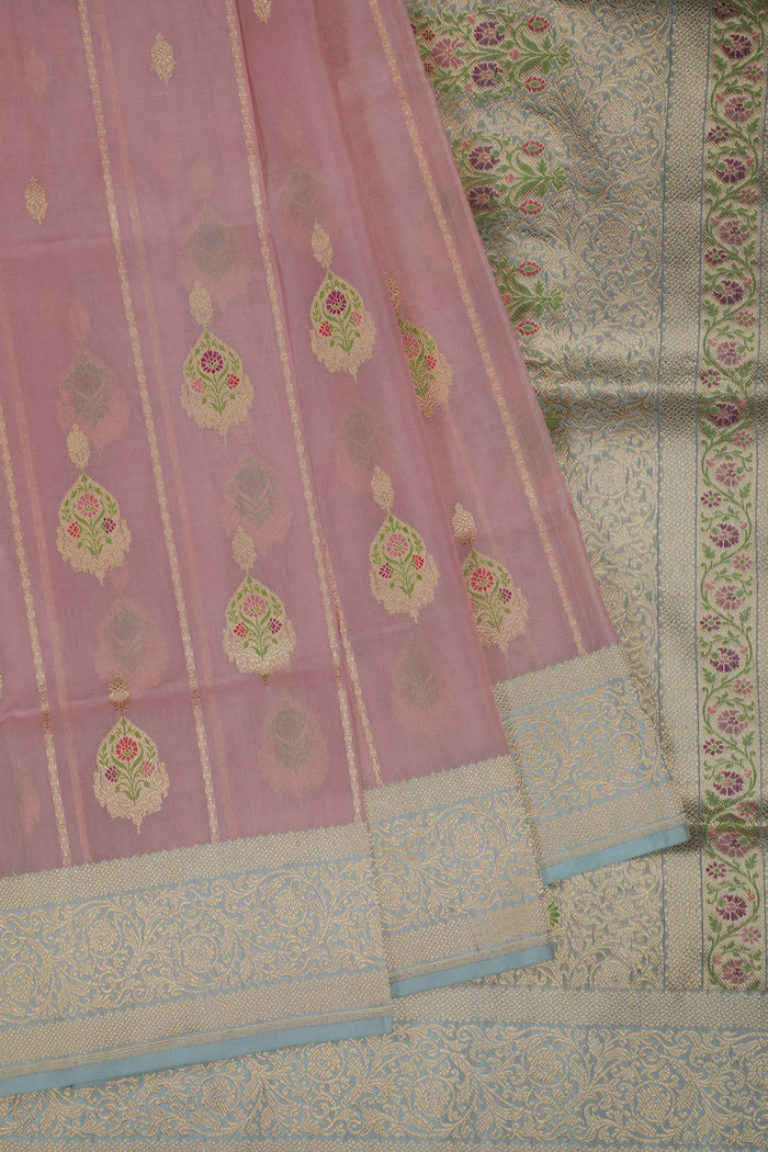 Baby Pink Handloom Benarasi Kora Silk Saree