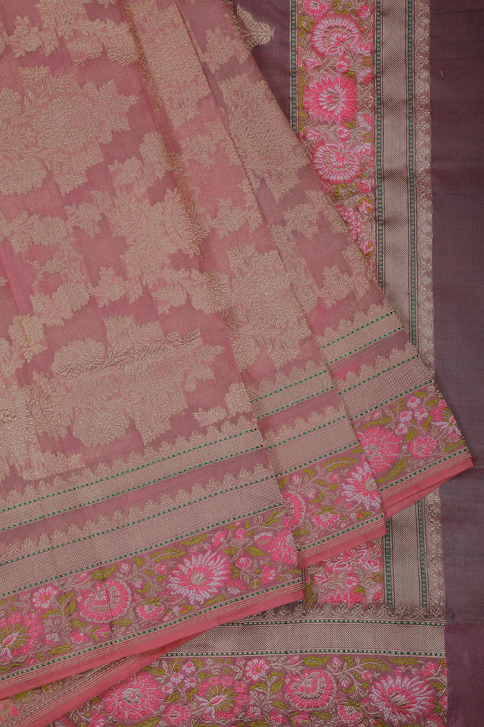 Baby Pink Handloom Benarasi Kora Silk Saree