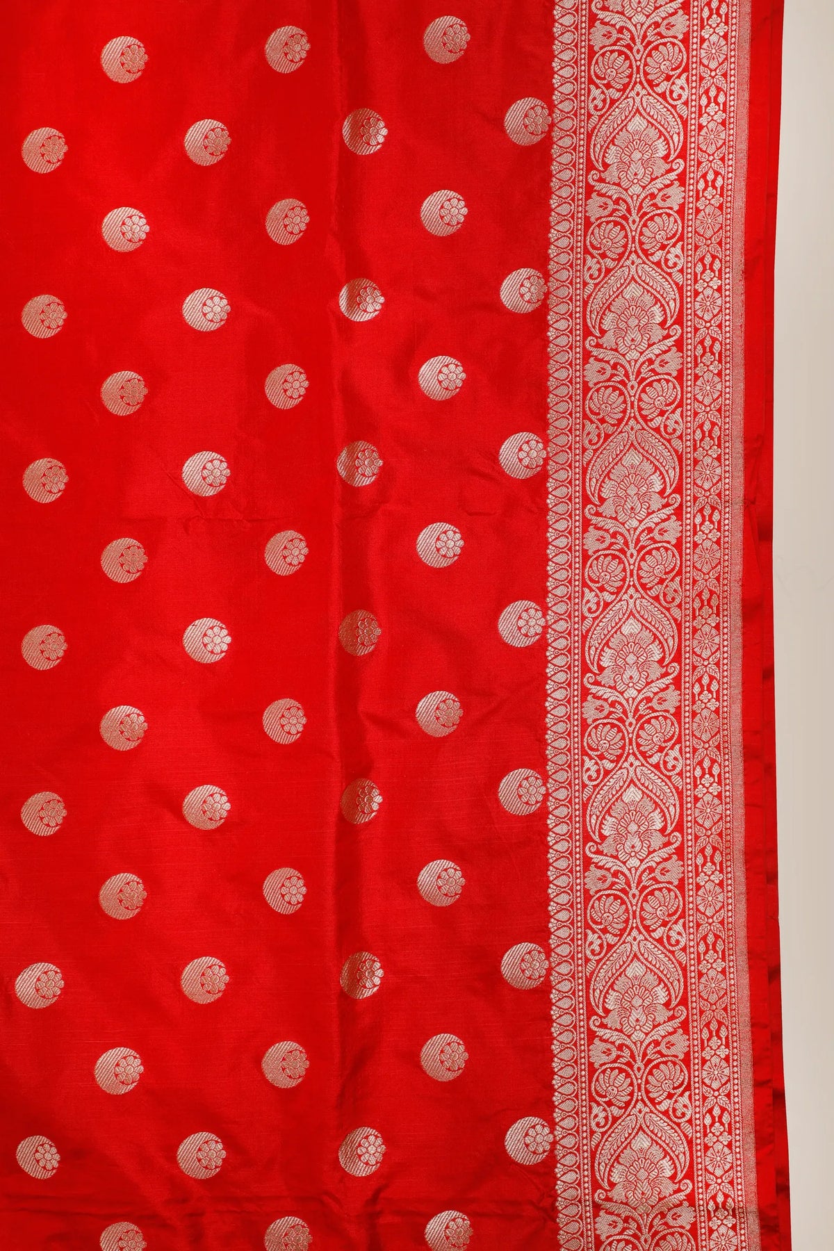 Tomato Red Handloom Benarasi Katan Silk Saree with Chandrakala Buttis