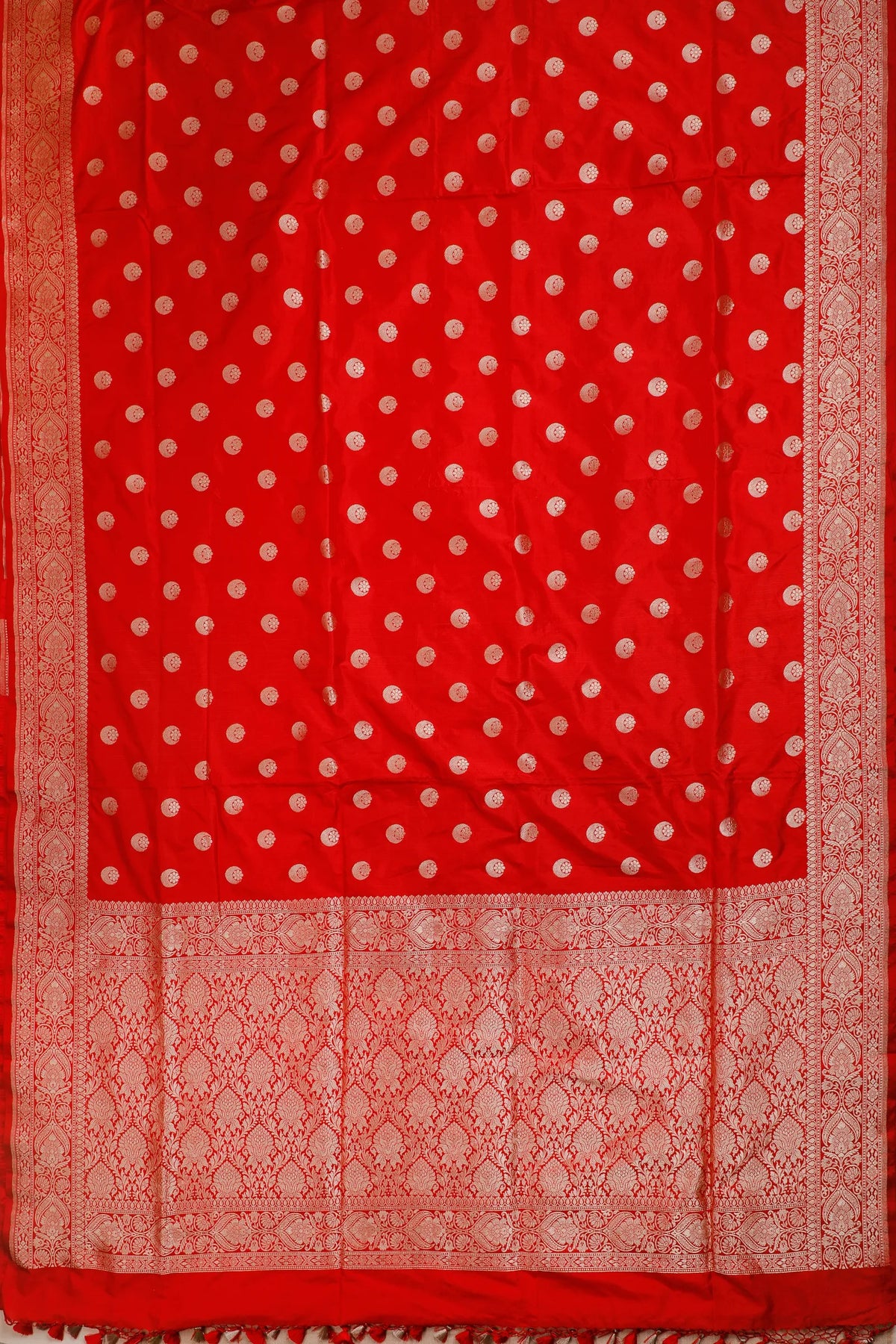 Tomato Red Handloom Benarasi Katan Silk Saree with Chandrakala Buttis