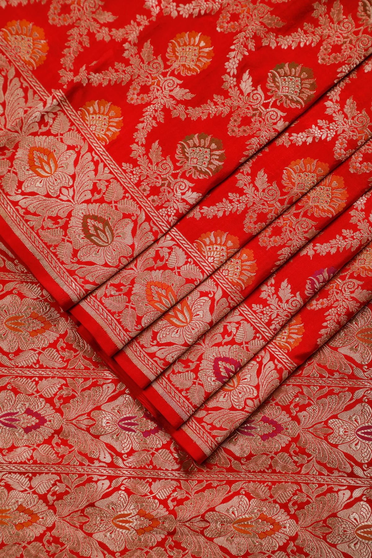 Tomato Red Handloom Benarasi Katan Silk Saree