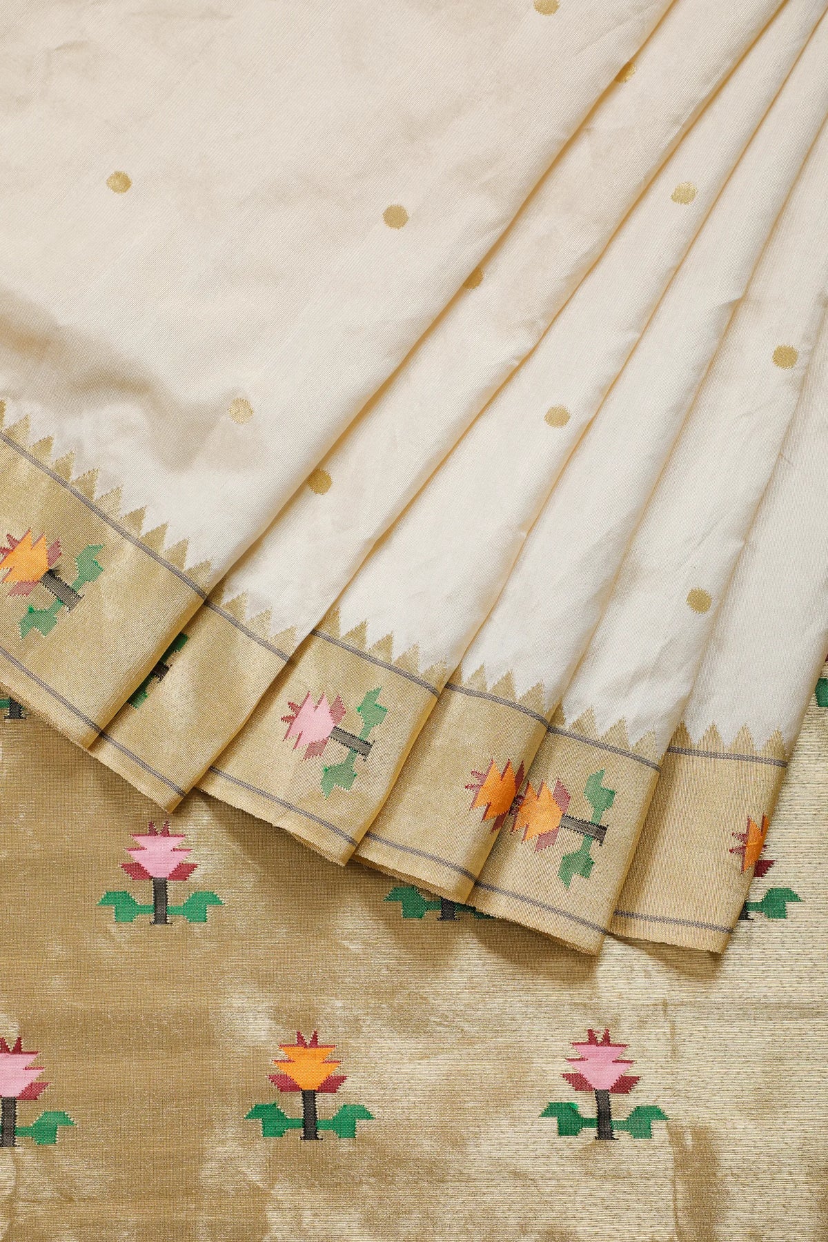 Ivory Pure Silk Handloom Paithani Tissue Saree with Asawali Pallu - Revival Design