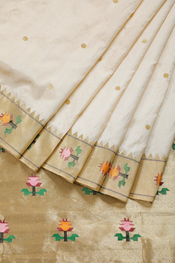 Ivory Pure Silk Handloom Paithani Tissue Saree with Asawali Pallu - Revival Design