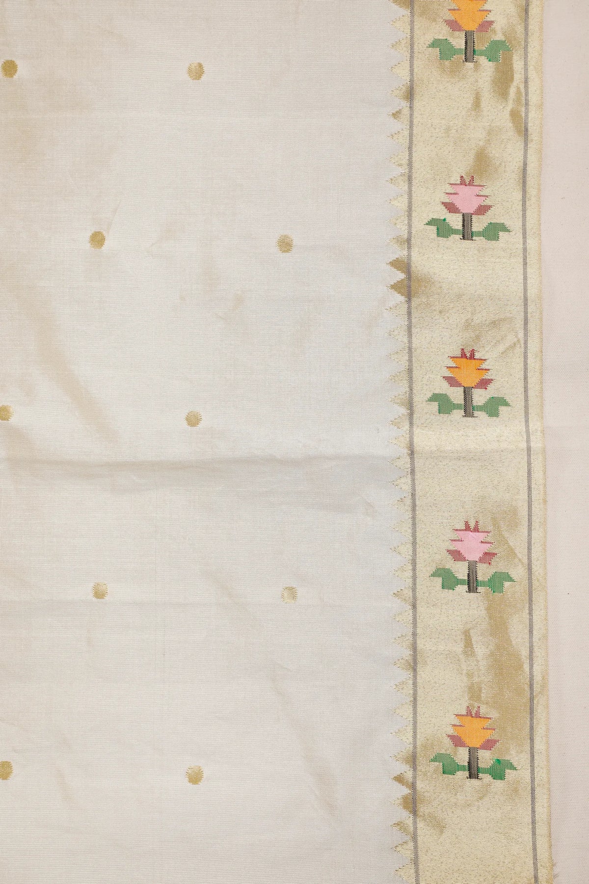 Ivory Pure Silk Handloom Paithani Tissue Saree with Asawali Pallu - Revival Design