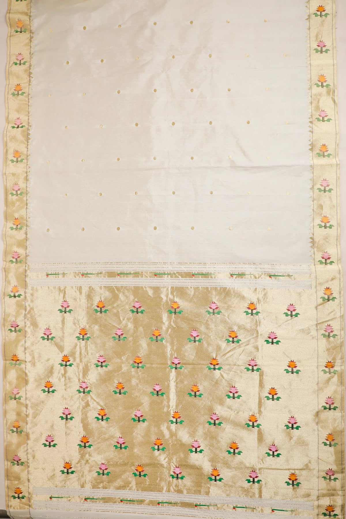 Ivory Pure Silk Handloom Paithani Tissue Saree with Asawali Pallu - Revival Design