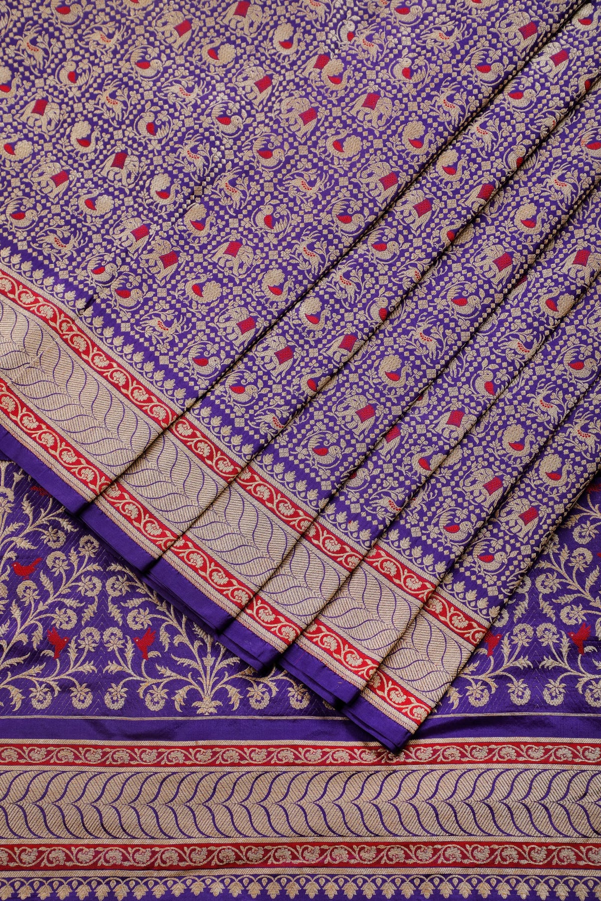 Deep Purple Real Zari Pure Silk Benarasi Saree - Revival Design with Shikargah Patterm