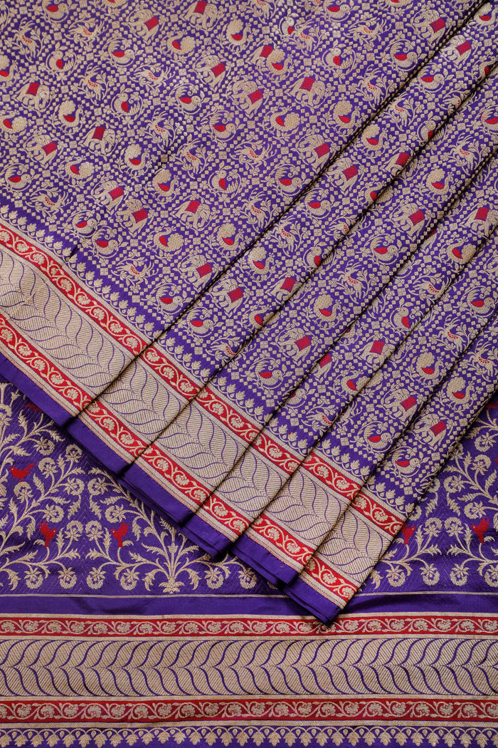 Deep Purple Real Zari Pure Silk Benarasi Saree - Revival Design with Shikargah Patterm - detail 1