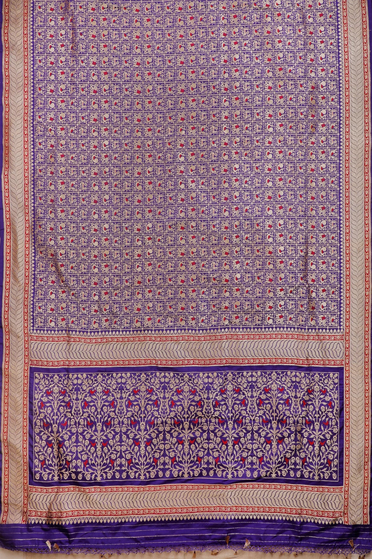 Deep Purple Real Zari Pure Silk Benarasi Saree - Revival Design with Shikargah Patterm