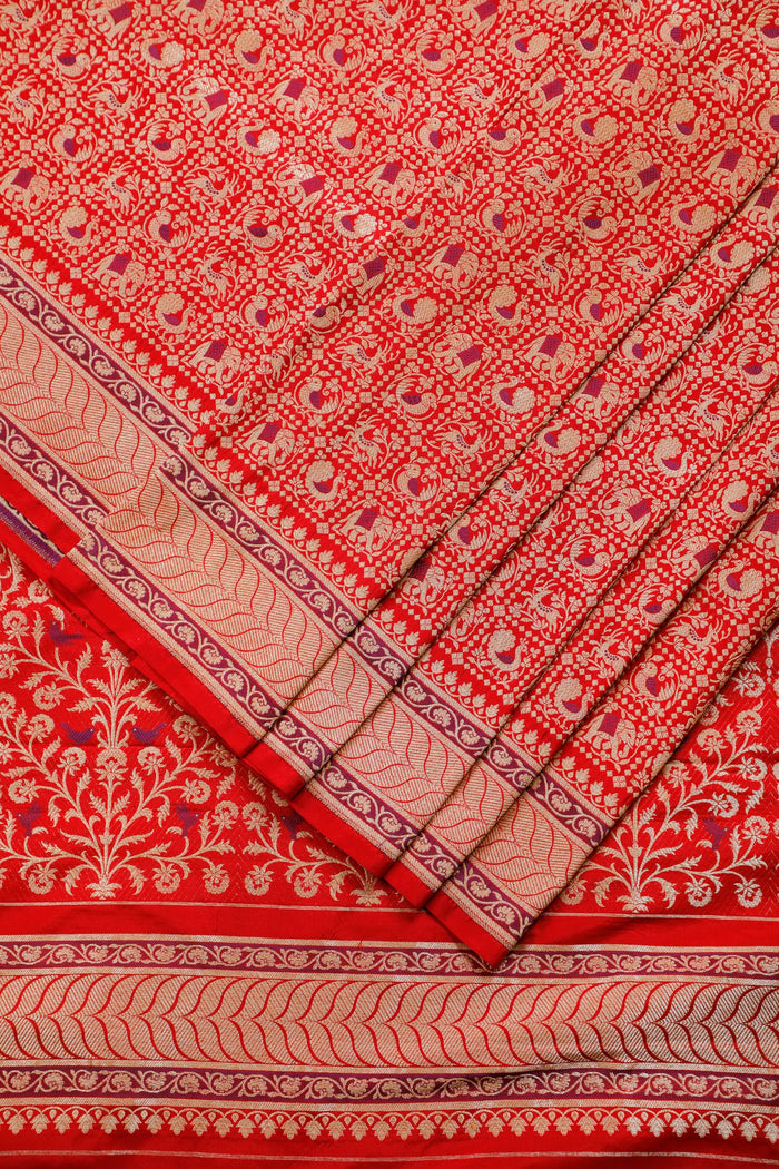 Red Real Zari Pure Silk Benarasi Saree - Revival Design with Shikargah Patterm