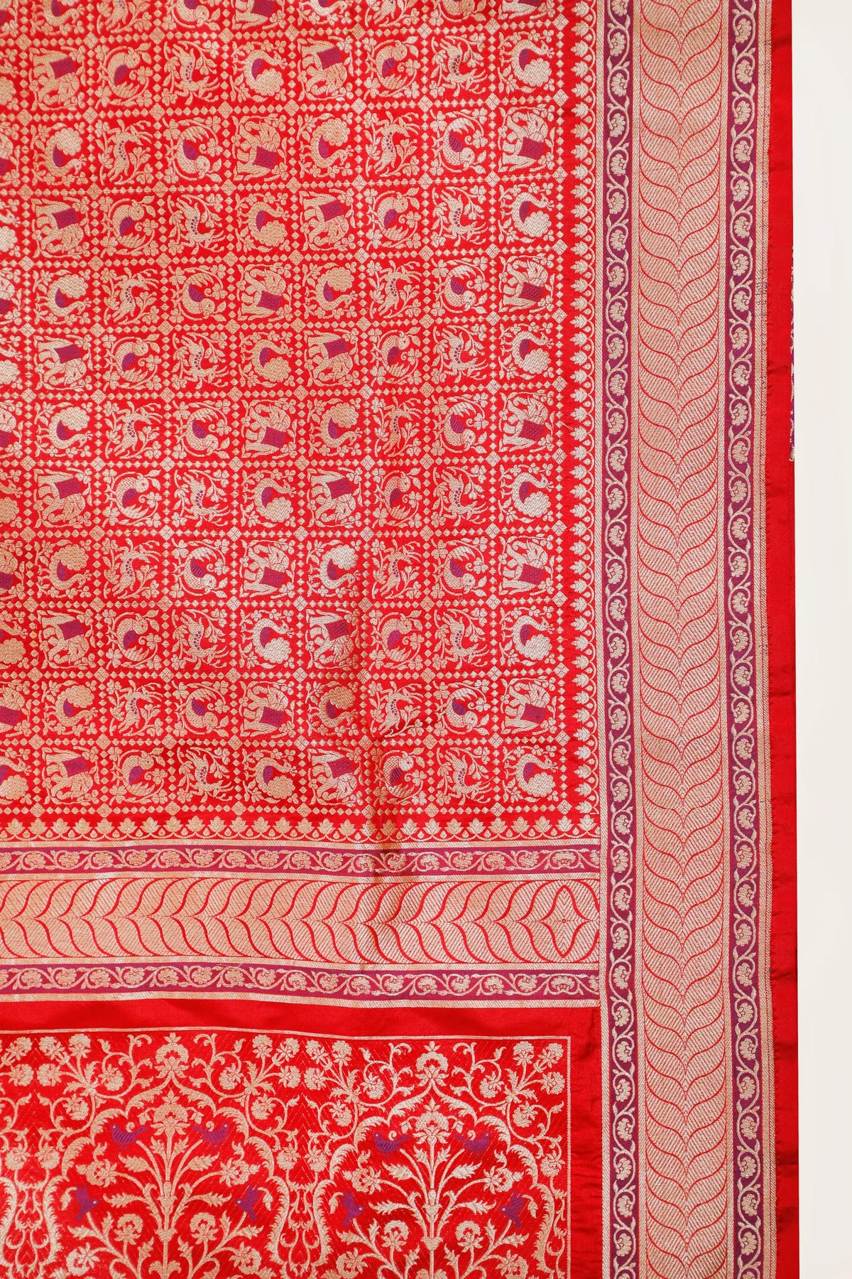 Red Real Zari Pure Silk Benarasi Saree - Revival Design with Shikargah Patterm