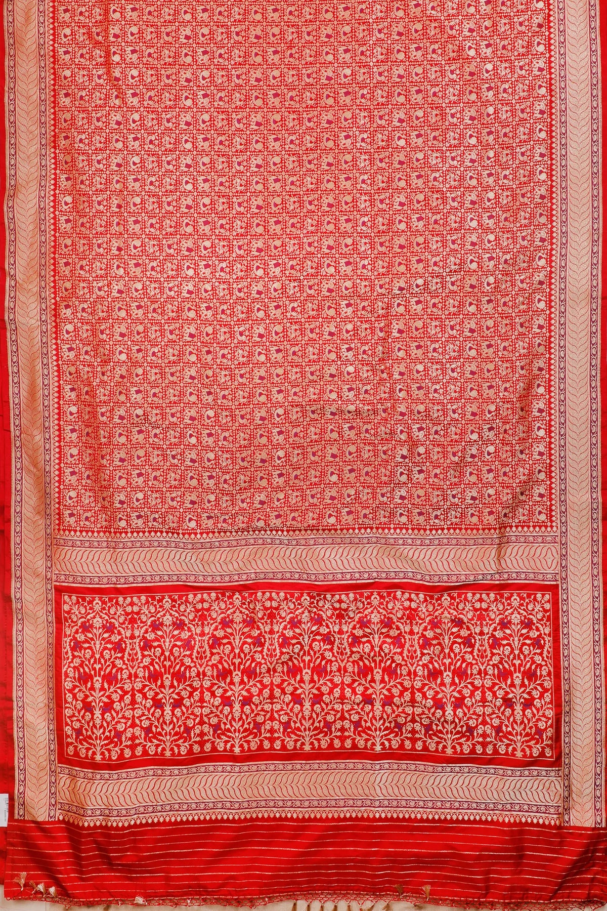 Red Real Zari Pure Silk Benarasi Saree - Revival Design with Shikargah Patterm