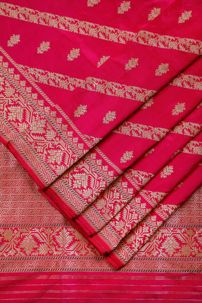 Hot Pink Real Zari Pure Silk Benarasi Saree - Revival Design with Lehriya Pattern
