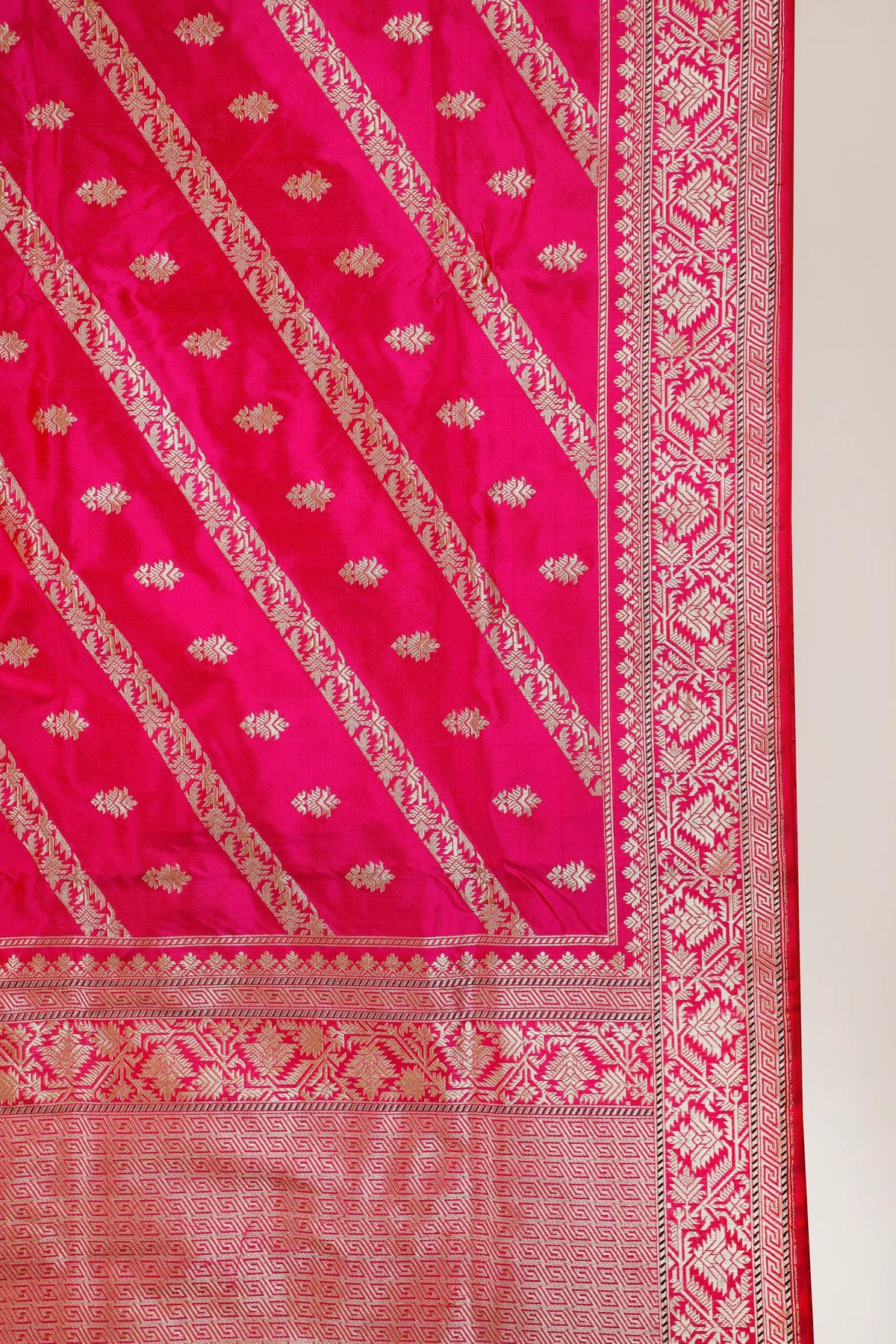 Hot Pink Real Zari Pure Silk Benarasi Saree - Revival Design with Lehriya Pattern