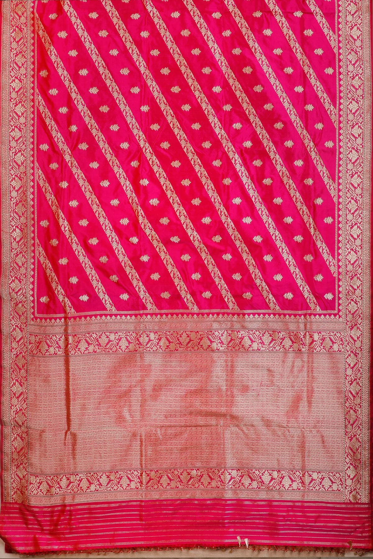 Hot Pink Real Zari Pure Silk Benarasi Saree - Revival Design with Lehriya Pattern