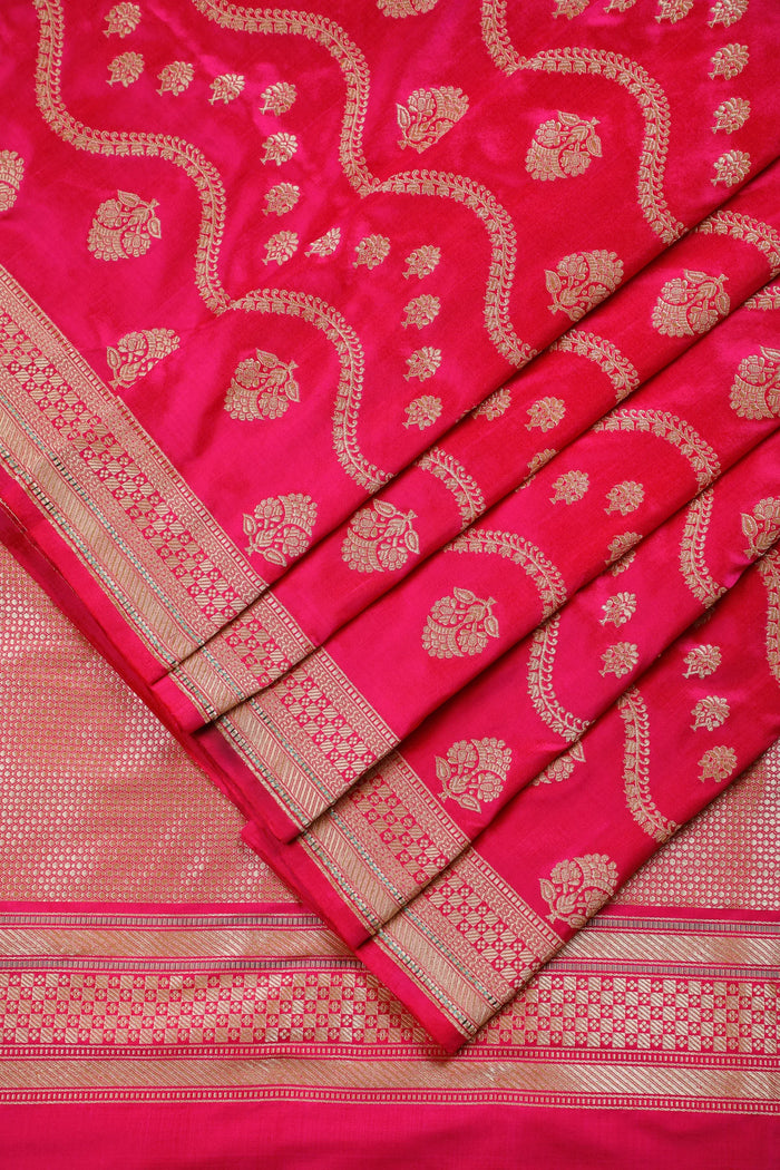 Hot Pink Handloom Real Zari Pure Silk Benarasi Saree - Revival Design