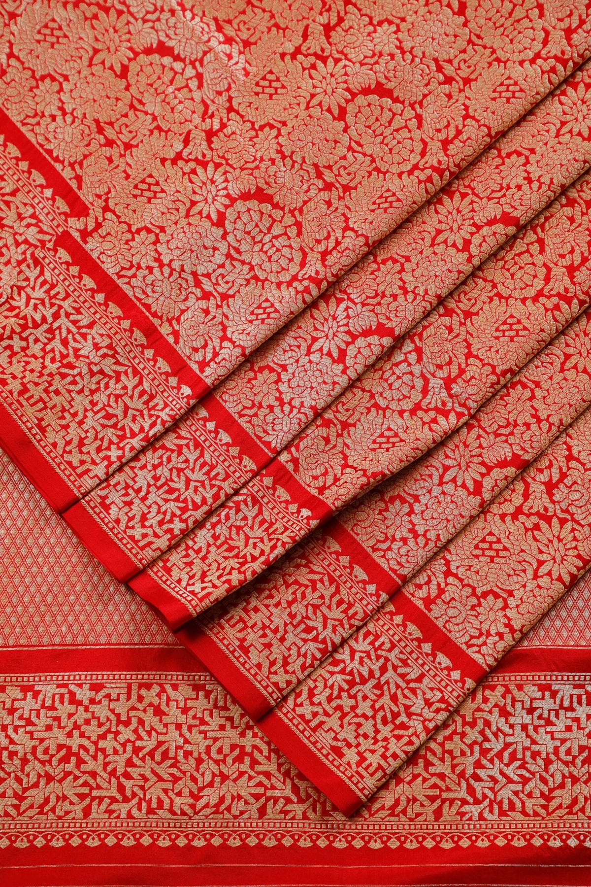 Red Real Zari Pure Silk Benarasi Saree - Revival Design with Jaali Design
