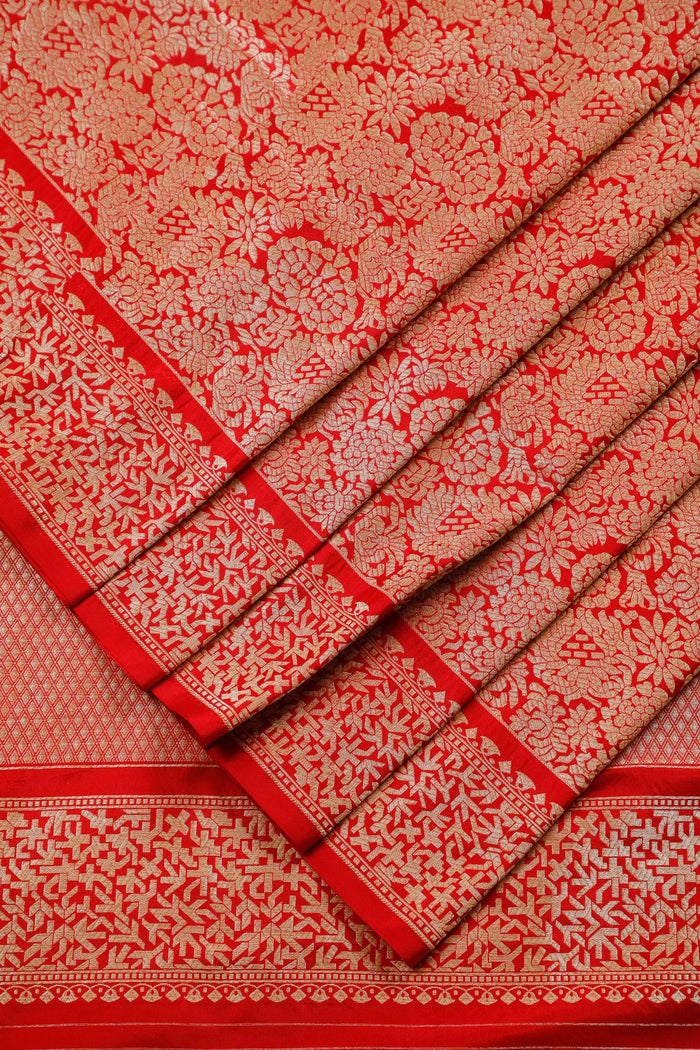 Red Real Zari Pure Silk Benarasi Saree - Revival Design with Jaali Design