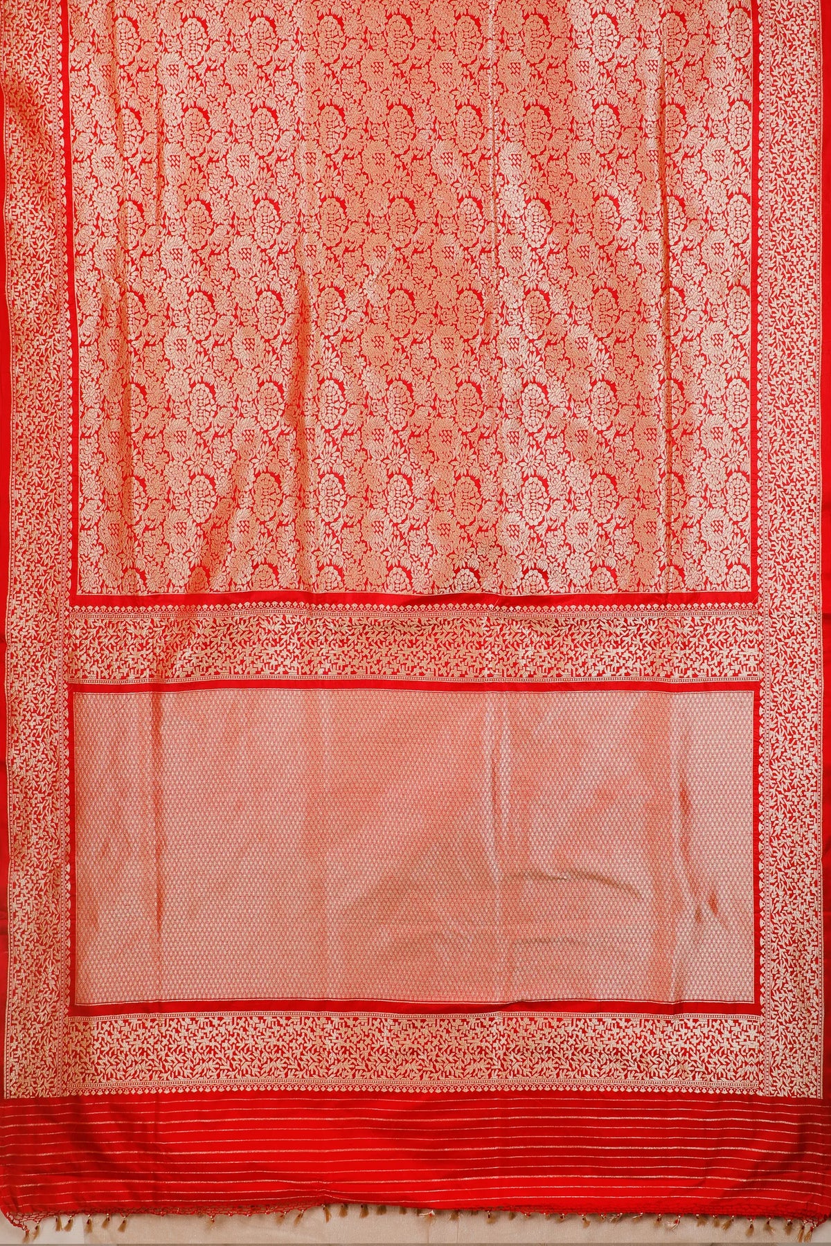Red Real Zari Pure Silk Benarasi Saree - Revival Design with Jaali Design
