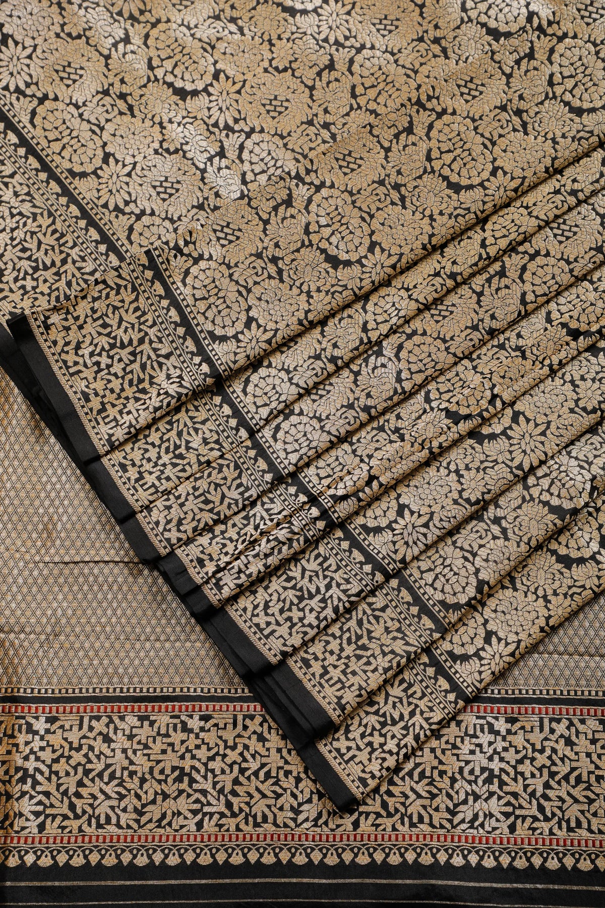 Jet Black Real Zari Pure Silk Benarasi Saree - Revival Design
