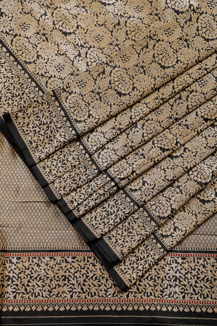 Jet Black Real Zari Pure Silk Benarasi Saree - Revival Design
