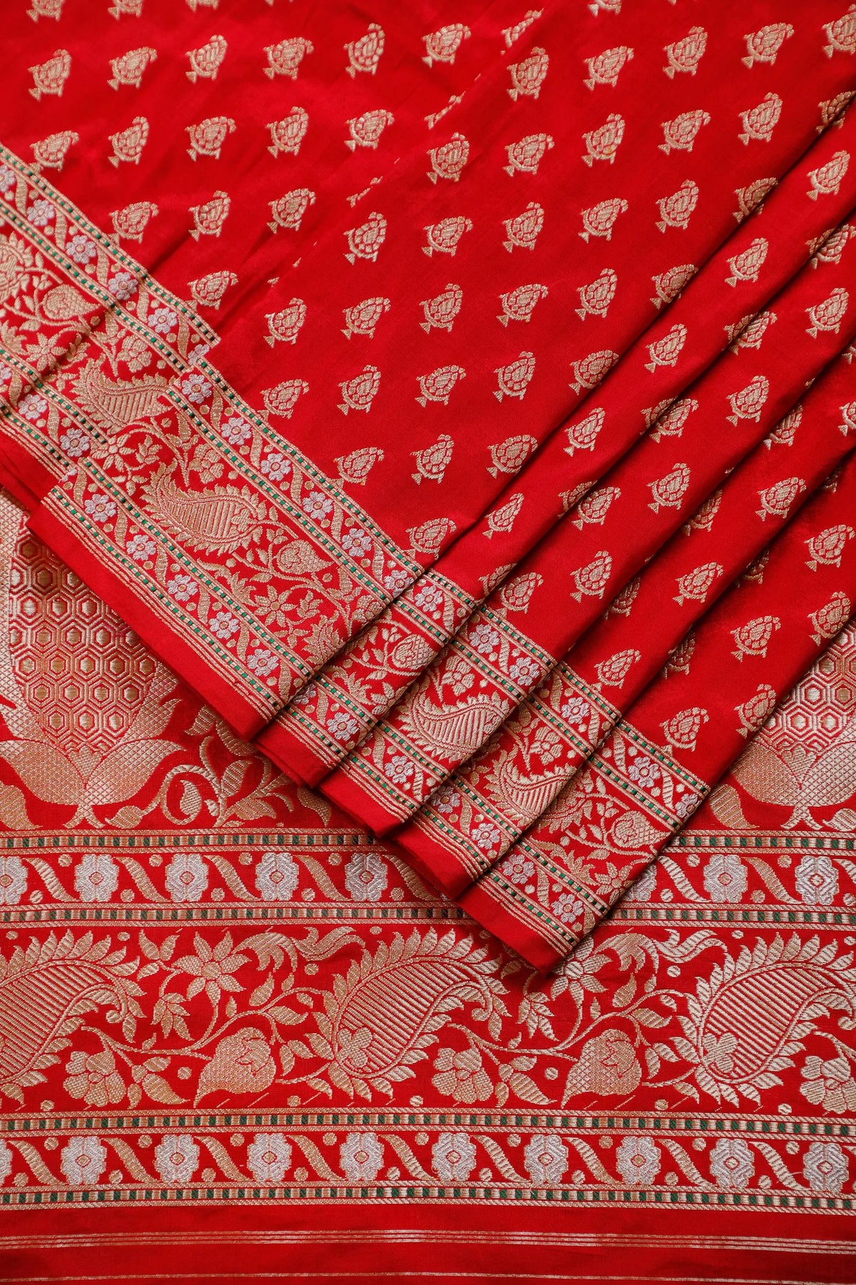 Red Real Zari Pure Silk Benarasi Saree - Revival Design with Paisley Borders