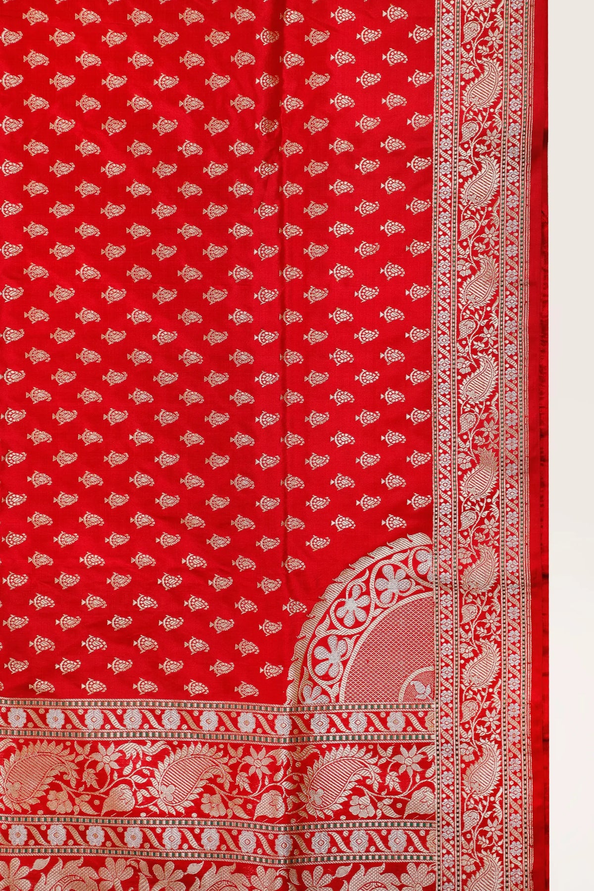 Red Real Zari Pure Silk Benarasi Saree - Revival Design with Paisley Borders