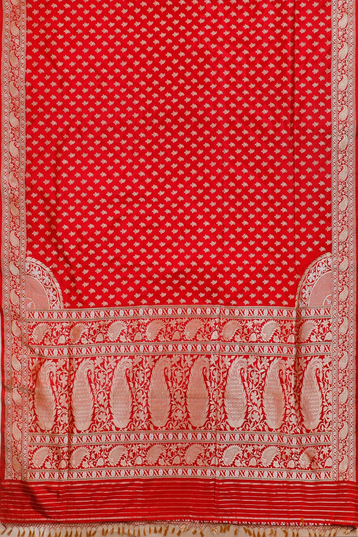 Red Real Zari Pure Silk Benarasi Saree - Revival Design with Paisley Borders