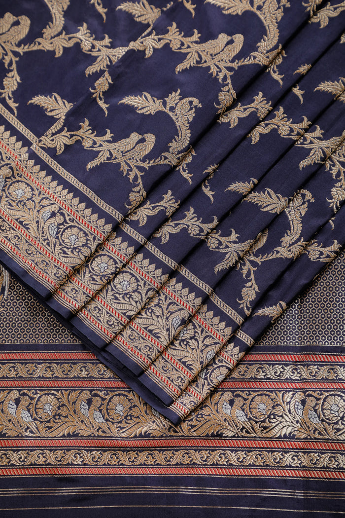 Ink Blue Handloom Real Zari Pure Silk Benarasi Saree - Revival Design