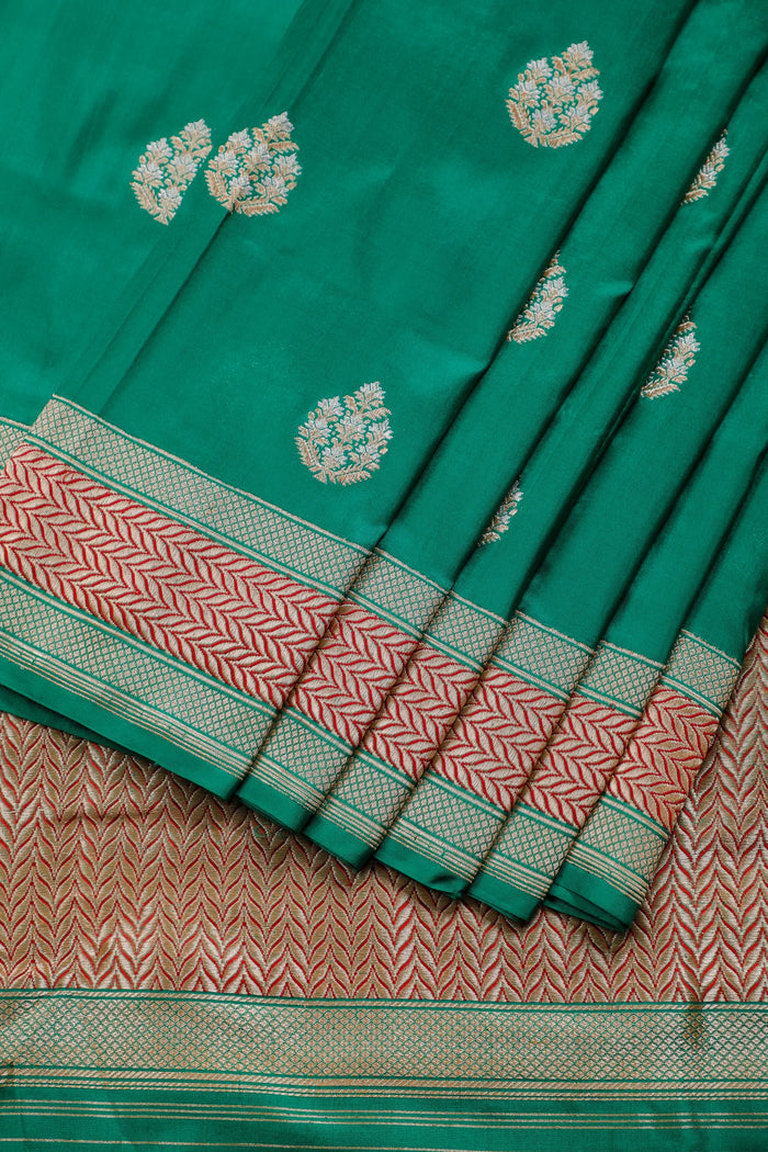 Emerald Green Real Zari Pure Silk Benarasi Saree - Revival Design