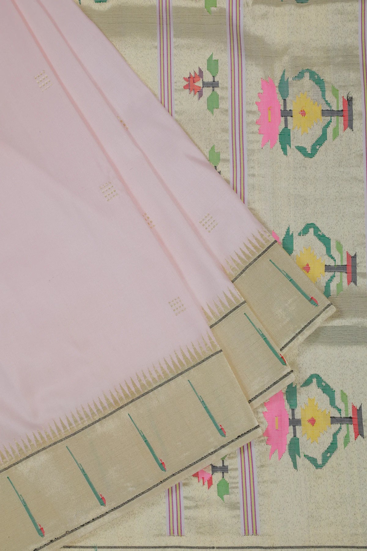 Baby Pink Handloom Pure Silk Muniya Paithani Saree