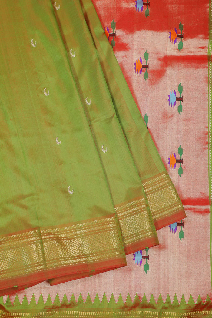 Olive Green Handloom Pure Silk Paithani Saree - detail 3