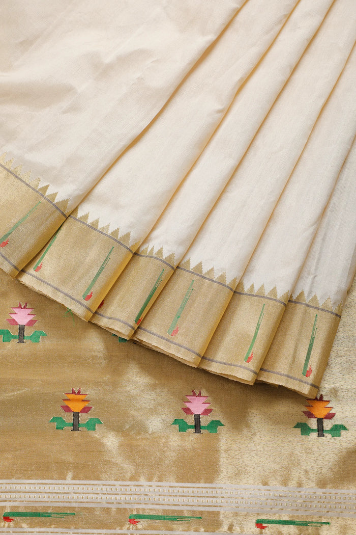 Ivory Pure Silk Handloom Tissue Paithani Saree with Muniya Pallu